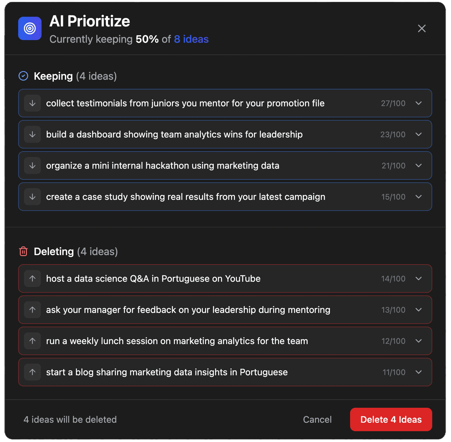 AI prioritization feature interface