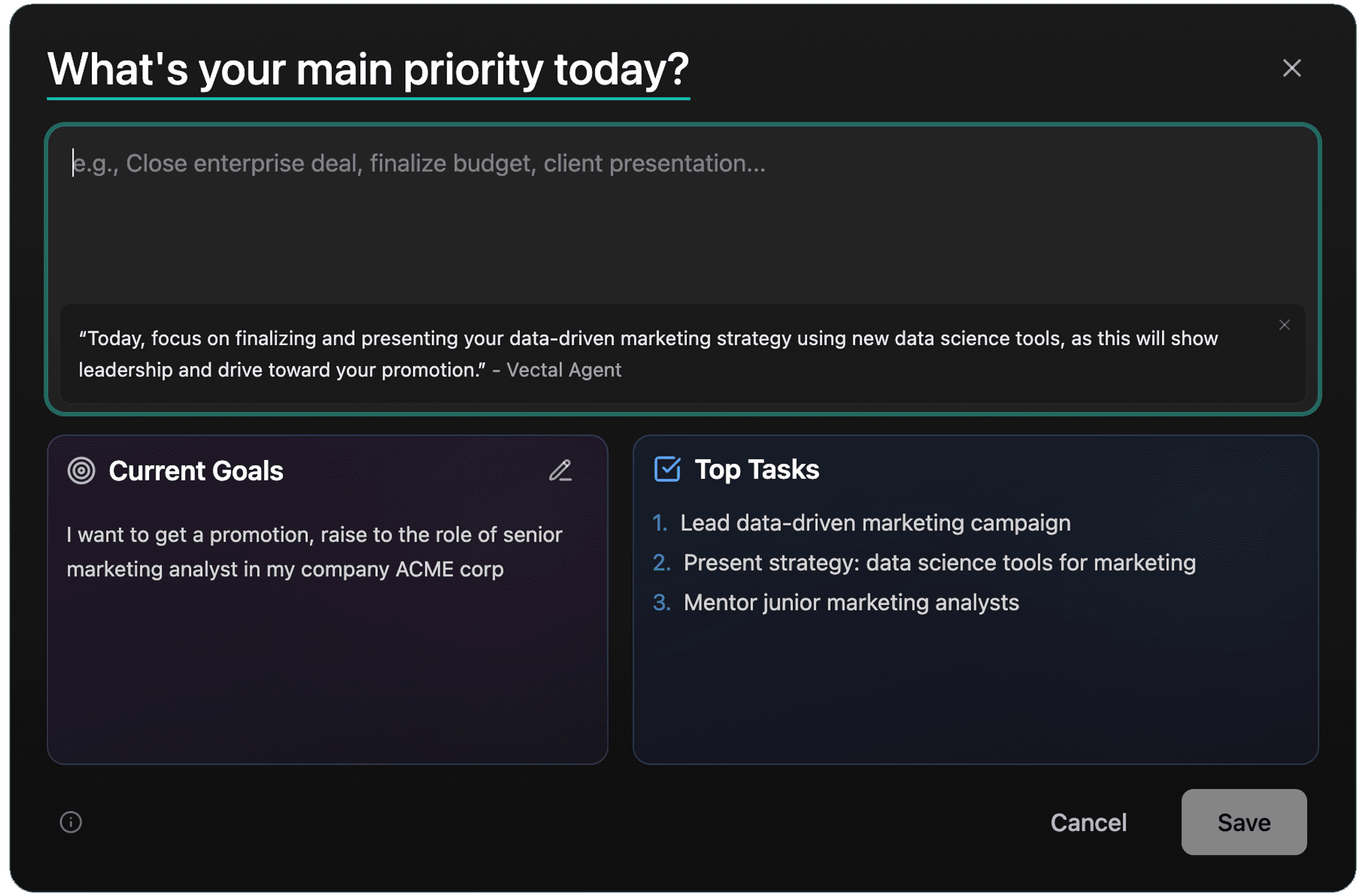 Daily focus view showing prioritized tasks and schedule