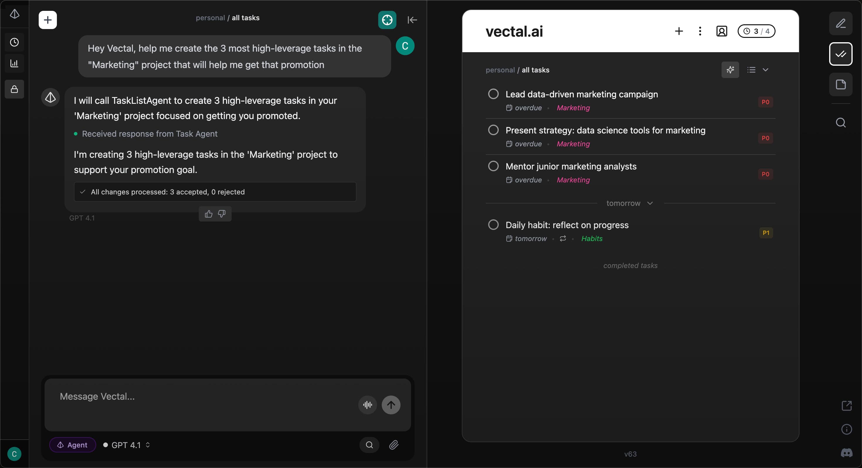 Vectal AI productivity app main dashboard interface